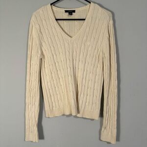 Chaps Cream Cotton Cable Knit V-Neck Logo Sweater L
